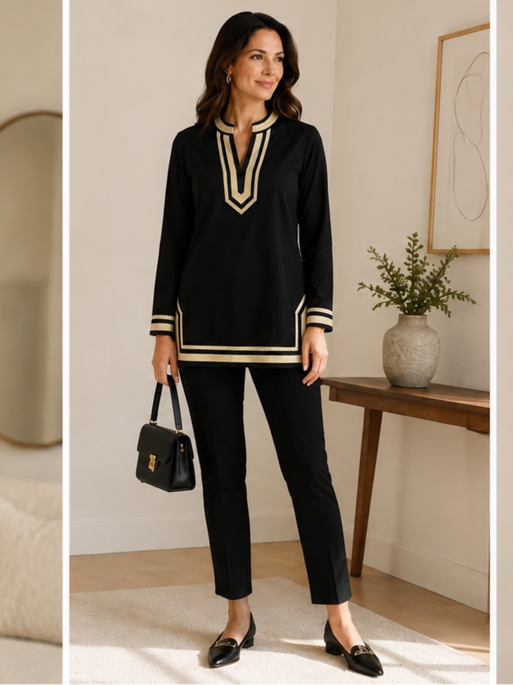 Jones New York Black Gold Trim Tunic Top Long Sleeve Office Career M